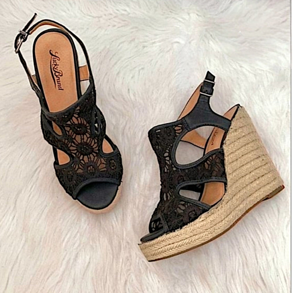 LUCKY BRAND Espadrilles Natural “Riedel” Lacy Crochet Wedge Sandal 7.5